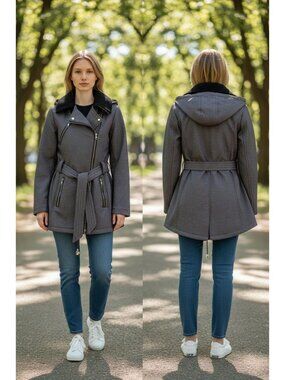 Steve Madden Women's Charcoal Gray Belted Coat With Zipper Accents Size S/P